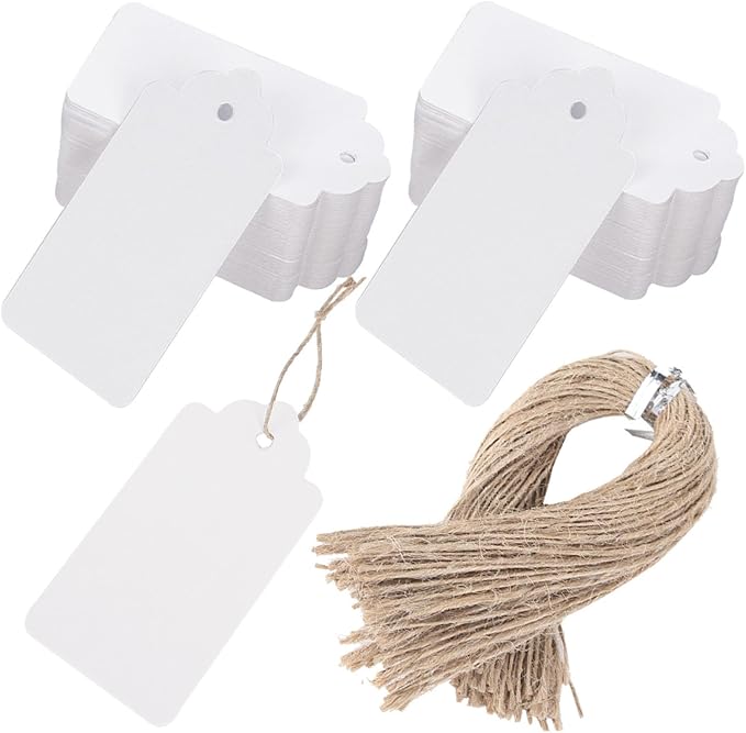 SallyFashion Large White Gift Tags with String, 100 Pack 2 X 4 inch | Scalloped Edge, Natural Jute String, Pre-Punched Design, Retail Price Tags and Wish Tree Cards