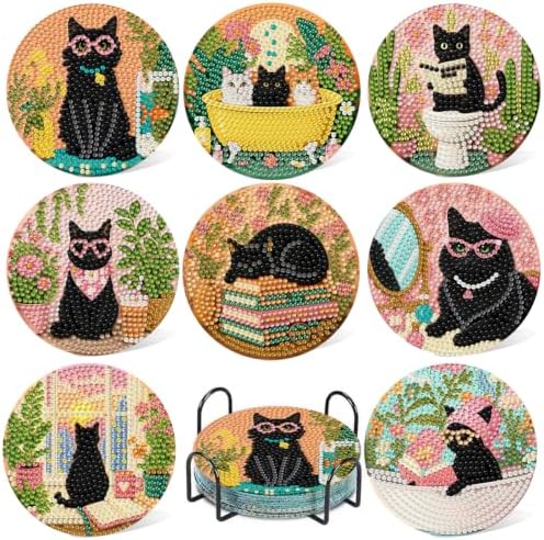 CRZMODE 8 Pcs Black Cat Diamond Art Coasters Kits, Diamond Painting Coasters with Holder Set of 8, DIY Cat Art Crafts Supplies for Adults Cup Mat House Warming Gifts Non-Slip
