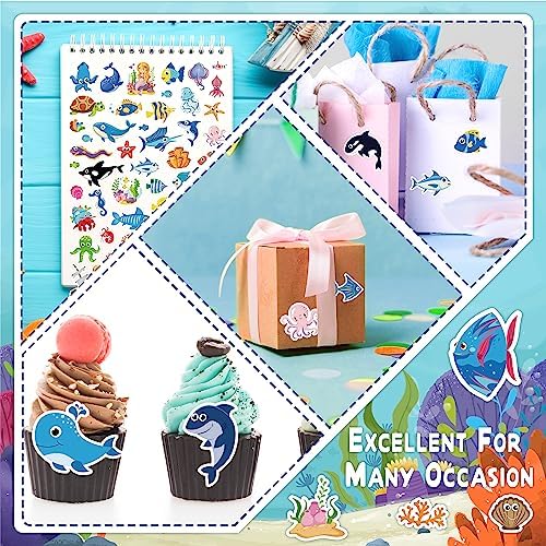 LINAYE 1480PCS Ocean Stickers for Kids, 24 Sheets, Vinyl, Waterproof Under The Sea Fish Animal Stickers for Ocean Sea Party Favors, Scrapbooking, Water Bottles