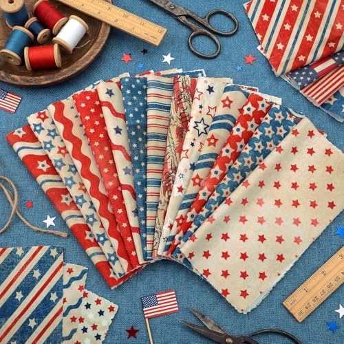 HunnmingRe 20 Pcs 10x10'' Patriotic Quilting Fabric Square 4th of July Precut Fabric Bundle USA Flag Star Red White Blue Patchwork for Memorial Day DIY Craft Sewing Material(Vintage July 4th)