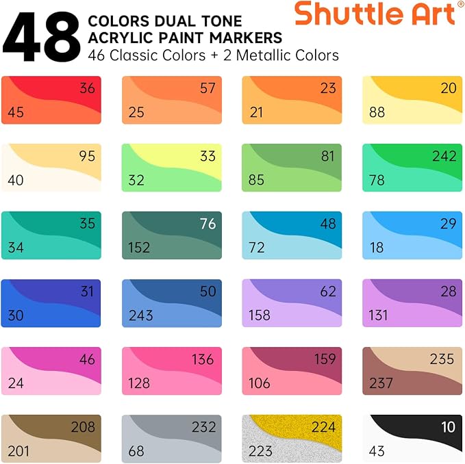 Shuttle Art 48 Colors Dual Tone Acrylic Paint Markers, 24 Pack Acrylic Paint Pens Set for Rock Painting, Ceramic, Wood, Canvas, Glass, Stone, Fabric, Card Making, DIY Football Crafts