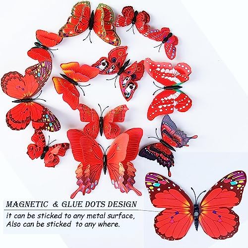 OPSEAM 3D Butterfly Wall Decor Butterfly Decorations Stickers with Magnets | 72 PCS Red,12 Styles Double Layer Butterfly for Classroom Decoration,Locker Refrigerator, Reusable,Waterproof