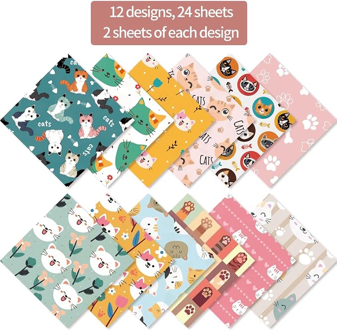 6x6" Cardstock Single Sided Scrapbooking,Craft Decorative Scrap Book Paper | 160gsm,24-Sheet 12Patterns Colored Paper,Junk Journal Supplies,Vivid Origami Papers DIY Craft Gift Wrapping Album. Cat