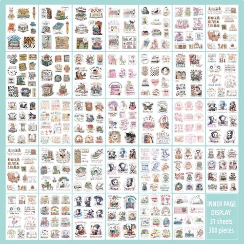 300+ PCS Book Stickers Pack for Kindle Water Bottle Laptop - Waterproof Vinyl Scrapbook Journaling Supplies Cute Bookish Stickers Gift Book Lovers Booktok Accessories (Book Stickers)