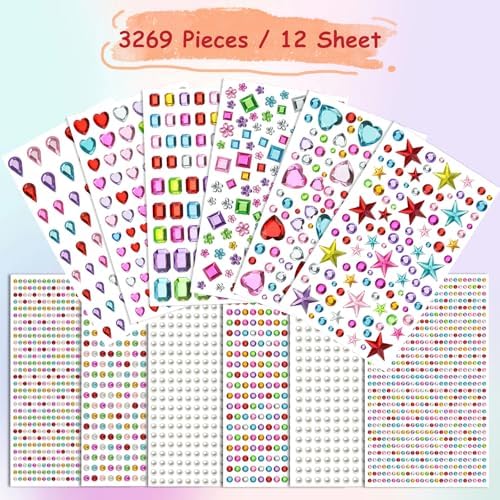JAMIEWIN 3269pcs Gem Stickers, Self Adhesive Rhinestone Jewel Crafts