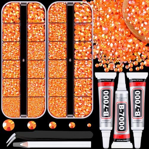 TINKRSTUFF Resin Jelly Rhinestones for Crafting with B7000 Jewelry Glue, 2 Boxes Orange AB Flatback Crystals with 3Pcs 10ml Glue, Bedazzling Non Hotfix Gems for DIY Tumblers Clothing Shoes Manicure