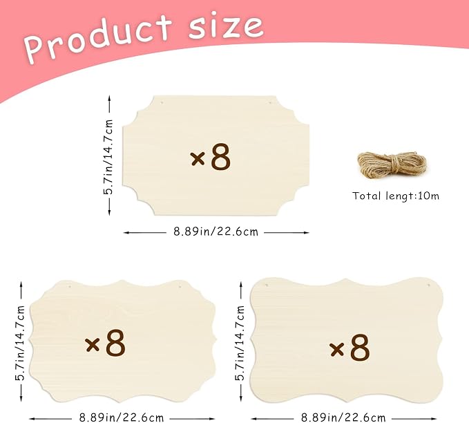 FSWCCK 24 Pieces Unfinished Hanging Wood Sign Blank with Ropes, Rectangle Blank Wood Sign Plain Hanging Craft Door Signs Wall Art Farmhouse Wooden Sign for Door Wall Art Decoration (3 Style)