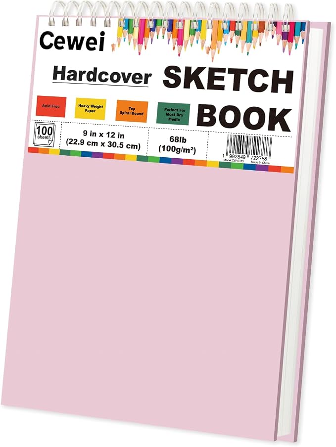 9"x12" Sketchbook Pink, 1 Pack-100 Sheets Cute Sketchbook for Girls, 68lb/100gsm Pink Sketch Book, Spiral Drawing Pad, Art Supplies for 9-12 Girls.