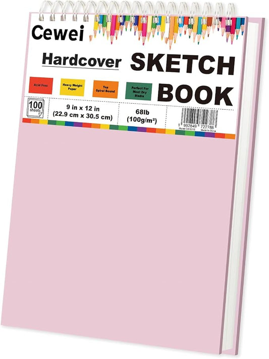 9"x12" Sketchbook Pink, 1 Pack-100 Sheets Cute Sketchbook for Girls, 68lb/100gsm Pink Sketch Book, Spiral Drawing Pad, Art Supplies for 9-12 Girls.