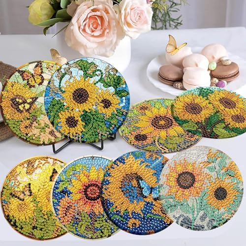 Diamond Art Coasters Kit, 8 Pieces Sunflowers Diamond Painting Coasters Kit