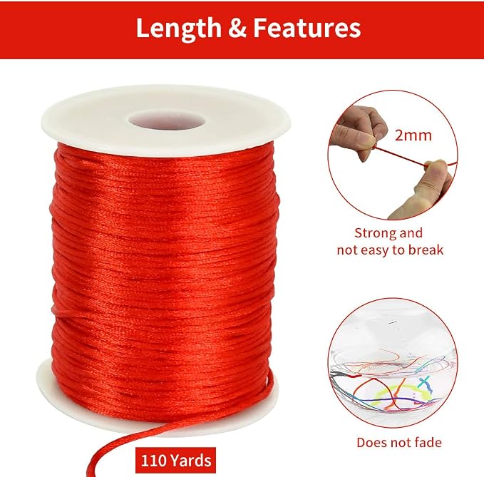 TONIFUL Nylon String Satin Cord for Necklace Bracelet Beading 2mm Red | 110yd Non elastic durable non fading, for Jewelry Making Thread Rattail Macrame Trim Kumihimo Chinese Knot Craft Tags Hanging