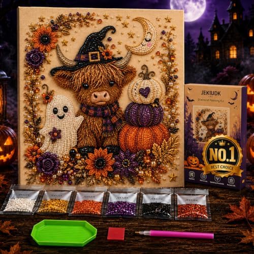 Halloween Pearl Art Kit for Adults 3D Diamond Painting DIY Craft Bead Mosaic with Ghost Pumpkin Witch Raven Skull Cow Design Options for Spooky Seasonal Home Decor and Creative Holiday Activity