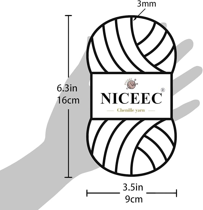 NICEEC 2 Skeins Soft Chenille Yarn 2 x255m (2X 279yds, 3X 150g)_Khaki