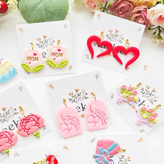 Mother’s Day Polymer Clay Cutters & Stamp Set - 12pcs Sharp & Durable Mom, Heart, Cake, Carnation & Gift Shapes for DIY Earring Jewelry Making, Soft Clay Crafts & Holiday Supplies