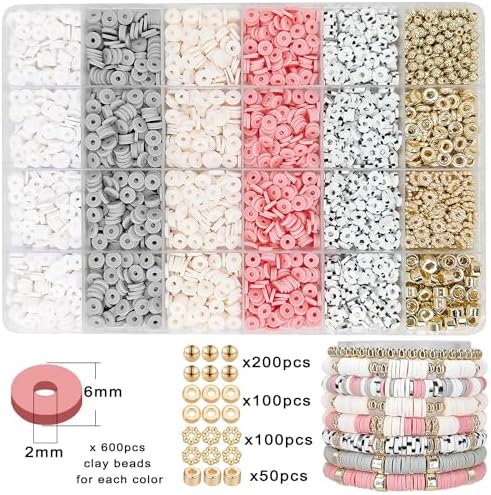 MIIIM Boho Neutral Clay Bead Bracelet Kit, Heishi Beads, Flat Clay Beads and Gold Spacer Beads for Jewelry Making, Friendship Bracelet Beads Kit for Valentine's Day, Crafts, Raves, Gifts