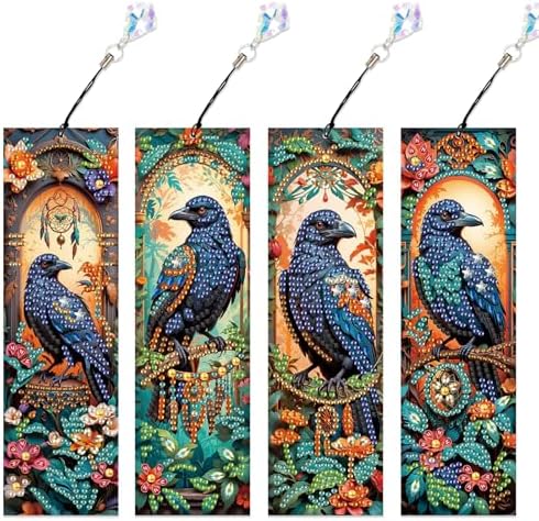 4-Piece Diamond Painting Bookmarks Set for Adults – DIY 5D Rhinestone Art Bookmarks with Tassels, Crow Design Diamond Art Bookmarks for Crafts and Gifts, Ideal Gift for Book Lovers
