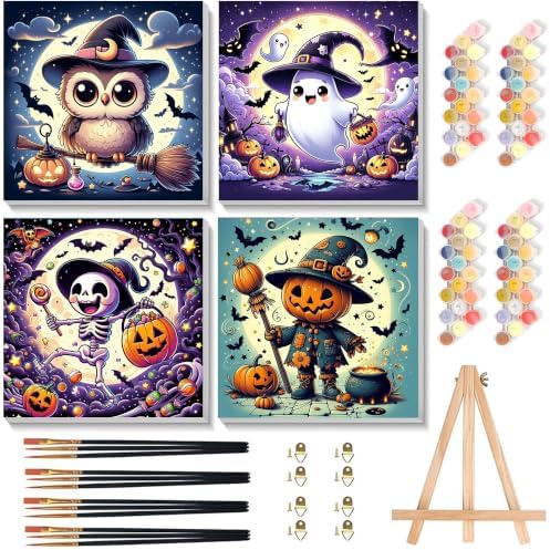 4 Pack Halloween Paint by Number for Kids with Wooden Frame - Wooden Easel