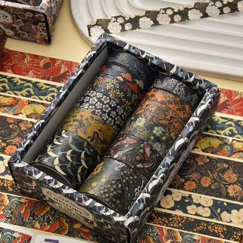 12 Rolls Kyoto Charm Washi Tape Set Japanese Arts Adhesive Tapes Geometric Garden Decorative Masking Tape Sets for Craft, Kids, Scrapbook, DIY, Gift Wrapping (Cerulean Showa)