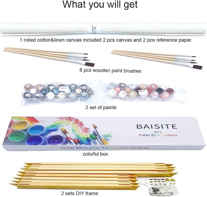 BAISITE Paint by Numbers Kit for Adults Beginners,12" Wx16 L 2 Pack Canvas for Painting Kits for Adults in Colorful Box-PBN219-220-DIY Frame