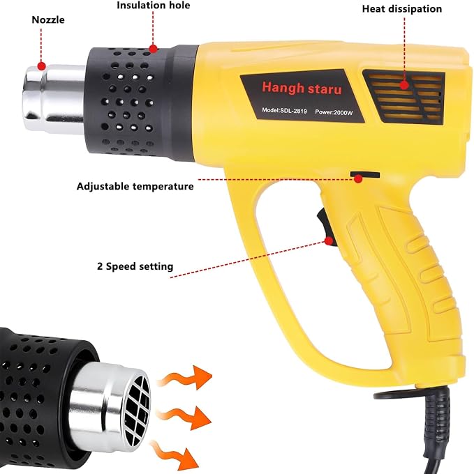Heat Gun 2000W Fast Heating Hot Air Gun, 140℉-1112℉ Variable Temperature with 2 Speed Settings, Overheat Protection, 4 Nozzles for Shrink Wrapping, DIY Crafts, Home Repair