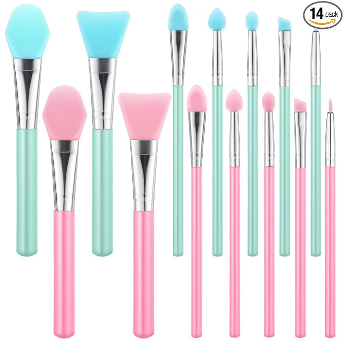 14PCS Silicone Brush Applicator Kit, Resin Brush Applicator UV Resin Brushes Applicators Jelly Brushes Applicators for Cream Makeup Products and Epoxy Art Crafting, Green/Pink