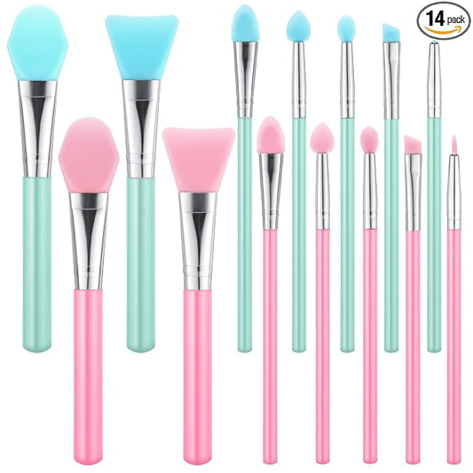 14PCS Silicone Brush Applicator Kit, Resin Brush Applicator UV Resin Brushes Applicators Jelly Brushes Applicators for Cream Makeup Products and Epoxy Art Crafting, Green/Pink