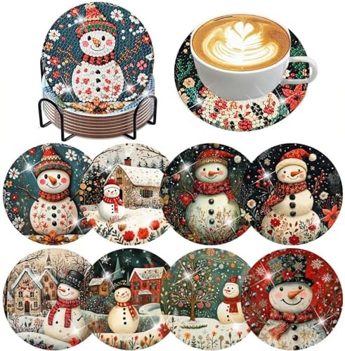 ijbnhd 8 PCS Diamond Art Coasters, Christmas Snowman Cork Wooden Pad
