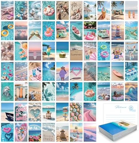 64Pcs Coastal Room Decor, Summer Beach Blue Postcards for Mailing, Beachy Posters Wall Decor for Teen Girls Dorm Bedroom, Beach Photo Collage Kit Blue Ocean Decor, 4x6