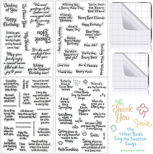 Chinco 4 Sheet Sentiments Rubber Clear Stamps Set for Card Making and DIY Scrapbooking Journaling 2 Acrylic Stamp Blocks with Grid Lines for Valentine Birthday Wedding Wife Husband Anniversary Card