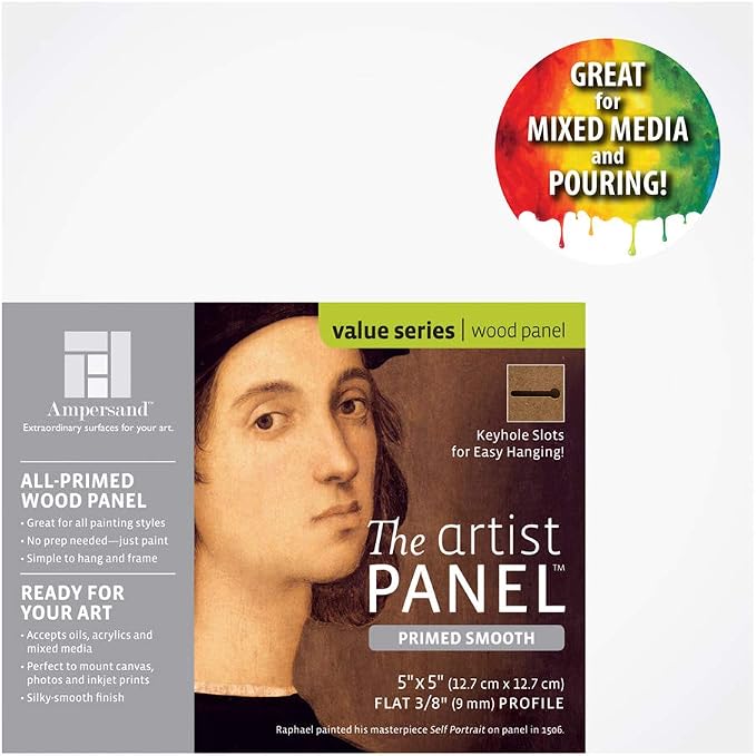 Ampersand Artist Panel Primed Smooth Surface for Painting, Pouring and Mixed-Media, 3/8 Inch Depth, 5x5 Inch (PWP9M0505)