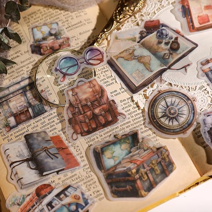 CATaireen Vintage Junk Journal Ephemera Scrapbooking Supplies Translucent Vellum Paper Stickers Card Making Decal Art Aesthetic for Adults (Character Travel -1)