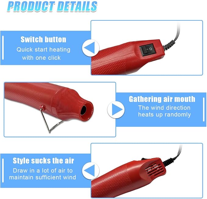 Mini Heat Gun - 220V 300W Portable Handheld Hot Air Gun Tool for DIY Craft Embossing - Electric Heating Tool with Stand & Power Cord for Car Vinyl Wrap/Shrink Wrapping PVC/Drying Paint(Red)