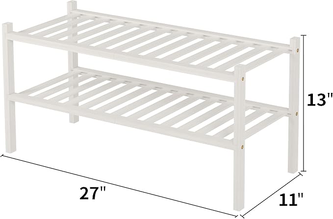 ROMGUAR CRAFT 2 Tier Bamboo Shoe Rack for Closet Free Standing Wood Shoe Shelf for Entryway Small Space Stackable 27"x11"x13" (White)