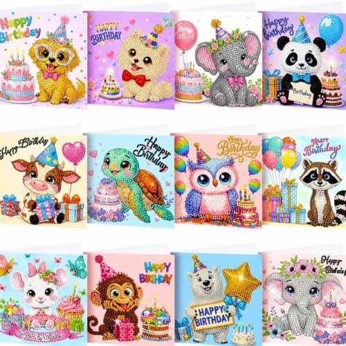 Saillong 12 Pack Happy Birthday Diamond Painting Greeting Card Kits DIY Animal Birthday Diamond Art Cards with Envelopes Cake 5D Rhinestones Painting Kits for Adults DIY Crafts Family Friend Gifts
