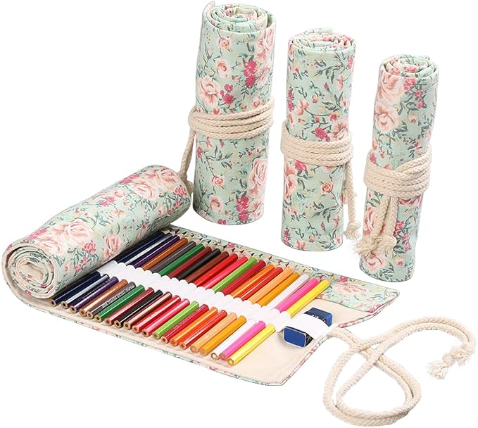 DIYOMR 24/36/72 Slots Pencil Wrap Pencil Rolls, Artist Colored Pencils Roll Up Bag Short Brushes Pouch Case Pencils Organizer for Drawing Coloring and Sketching (Small Floral, 12slots)