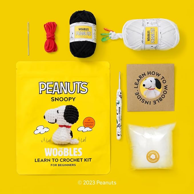 The Woobles Peanuts Snoopy Crochet Kit for Beginners | As seen on Shark Tank, Officially licensed Peanuts Snoopy: Easy Peasy Yarn, hook, safety eyes, stuffing, video tutorials