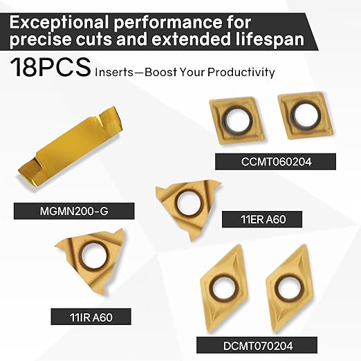 Indexable Lathe Turning Tool 27Pcs Kit 1/2'' 12mm Shank, 9Pcs Metal Lathe Tools Holder Set with 18Pcs Inserts, for Turning Grooving Threading Boring, lathe tooling with reverse tool design