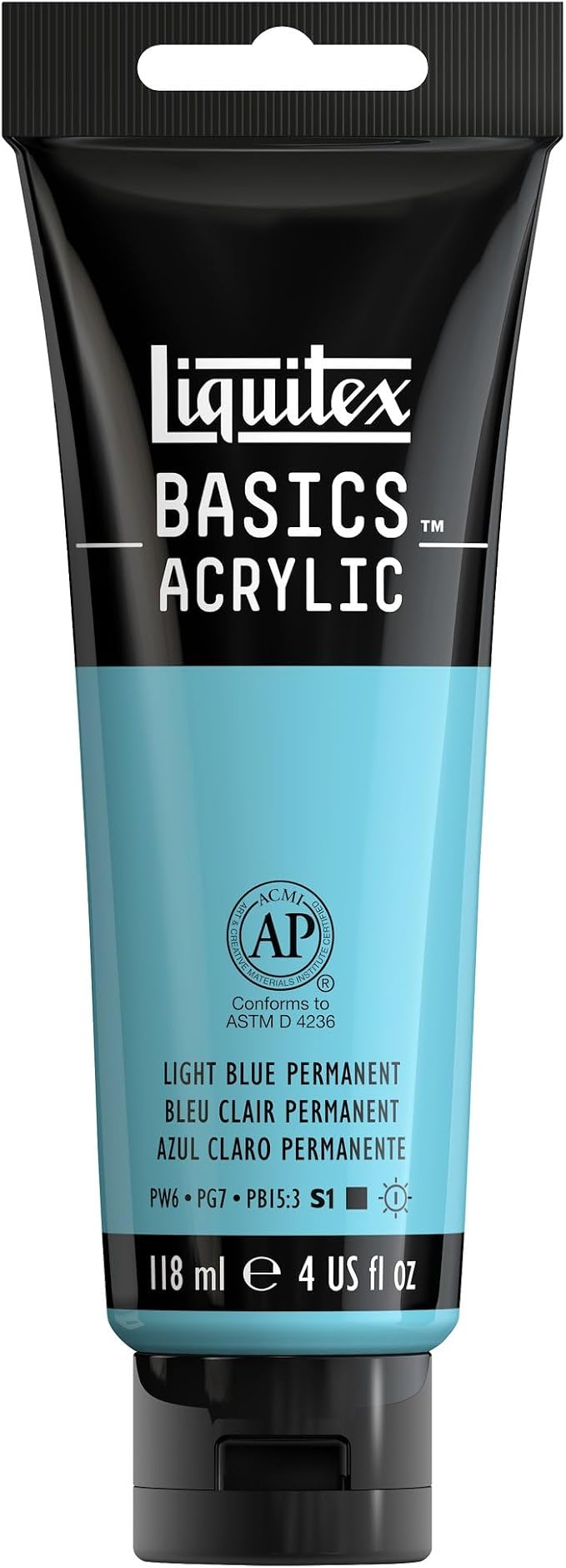 Liquitex BASICS Acrylic Paint, 4-oz Tube, Light Blue Permanent | Medium Viscosity, Satin Finish, Lightfast, Fine Art Pigments, Range of Opacities, Easy Blending