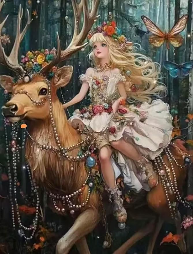 YUXUANKANG Fantasy Forest Fairy Riding Deer Diamond Painting Kit, Anime Girl with Flowers and Butterflies 12x16 inch