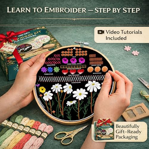 Moni Crafts - Embroidery Kit for Beginners Adults – Learn Embroidery Stitches, Complete Starter Kit with 4 Pre-Printed Patterns (Mushroom & Floral), Threads, Needles & Hoop – Video Tutorials