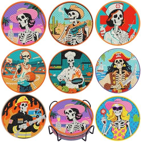 DOTSOPS 8 Pcs Skull Diamond Painting Coasters for Beginners with Holder