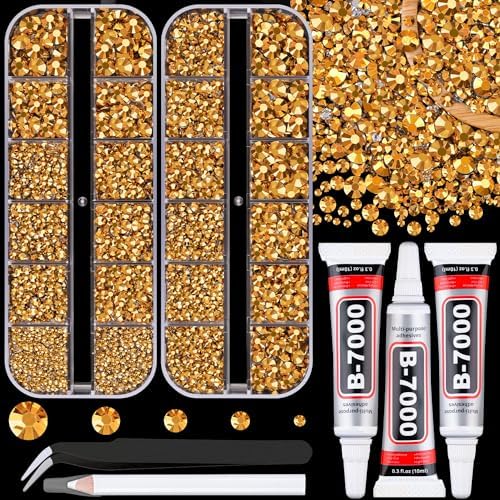 TINKRSTUFF Resin Jelly Rhinestones for Crafting with B7000 Jewelry Glue, 2 Boxes Gold Flatback Crystals with 3Pcs 10ml Glue, Bedazzling Non Hotfix Gems for DIY Tumblers Clothing Shoes Manicure