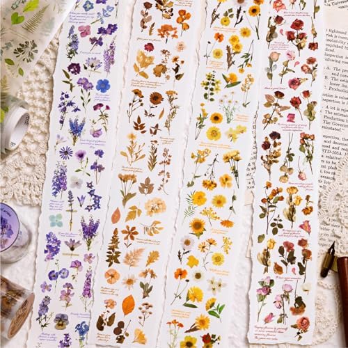 PET Tape Stickers for Journaling 6 Rolls Flower Washi Tape Stickers Decorative Tape for Crafts Scrapbooking Junk Journal Supplies, Endless Flowers
