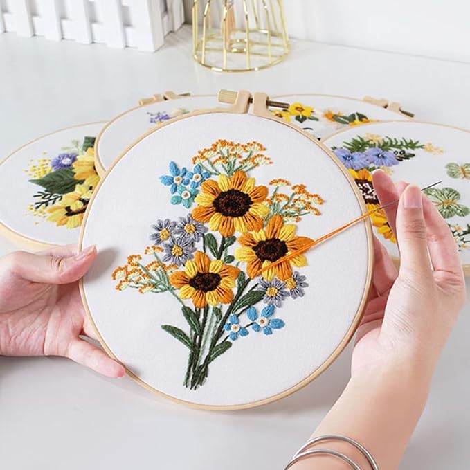 wtisan 5 Pack Embroidery kit for Beginners Adults DIY Starter Kit | Sunflower Gifts for Women Cross Stitch Kits with Embroidery Hoop, Tools,Colorful Threads,Hand Craft Lover Gift