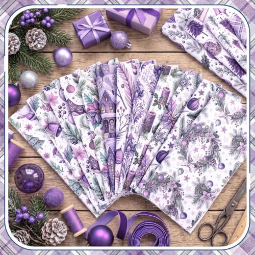 HunnmingRe 20 Pcs 10''x10'' Purple Christmas Quilting Fabric Squares