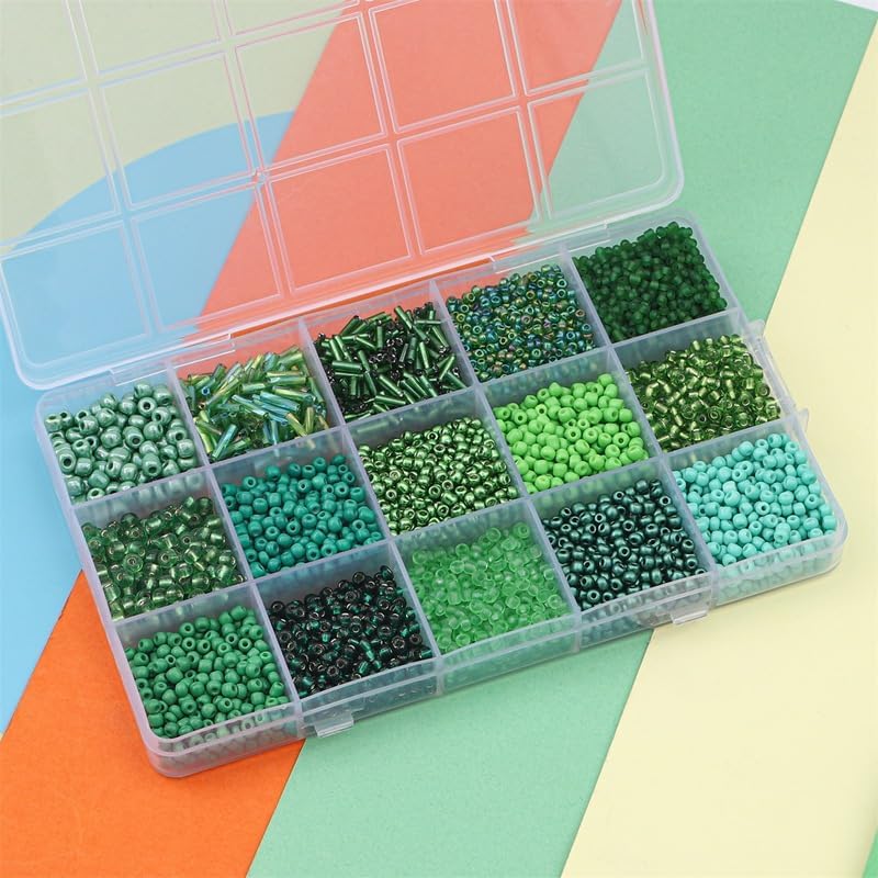 15 Grid Green Glass Seed Bugle Tube Beads Kit for Jewelry Making DIY Craft
