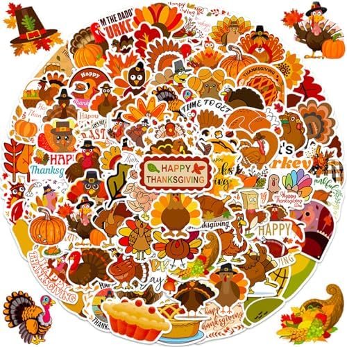 Thanksgiving Stickers Pack, 100Pcs Cute Vinyl Thanksgiving Stickers for Water Bottles Envelopes Scrapbooking Crafts, Funny Fall Hoilday Sticker Gifts for Kids Teens Adults