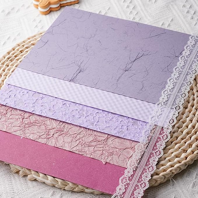15Pcs Handmade Scrapbook Art Paper Craft Textured Colorful A5 sheet Mesh Special Paper Mix for Scrapbooking Junk Journal Journaling Supplies DIY Materials,5.8x8.2 inches (Purple)
