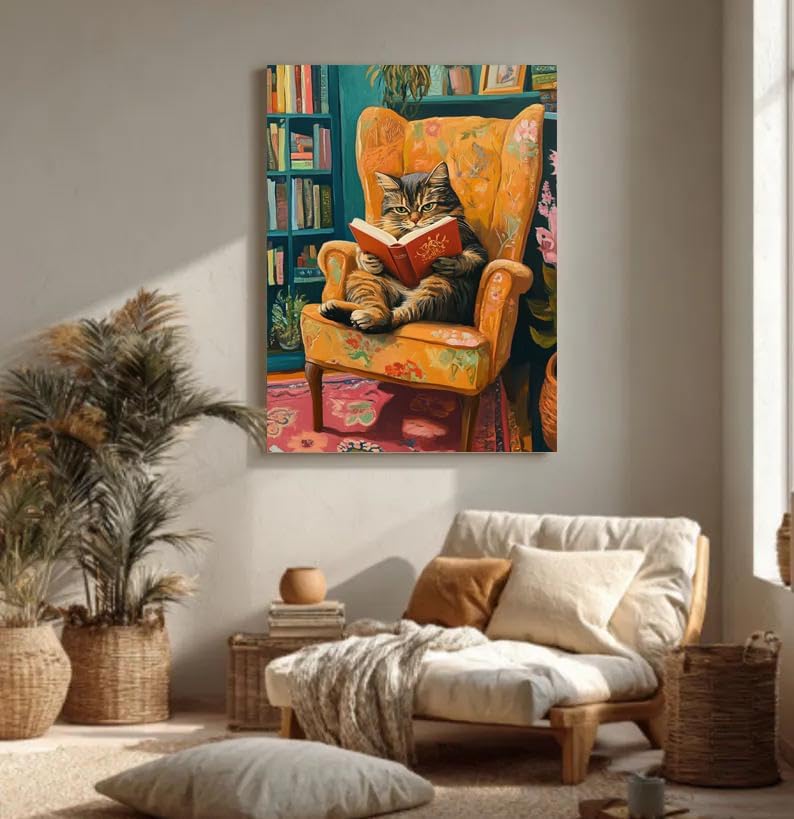 Canrichshop Reading Cat Paint by Numbers Kit for Adults,Painting by Numbers,DIY Acrylic Paint Kit for Adults Beginners Without Frame,Easy Adult Paint by Number Kits on Canvas for Decor 16x20inch