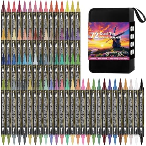 Dual Tip Acrylic Paint Markers 72 Colors, Fine & Brush for Rock Wood Glass